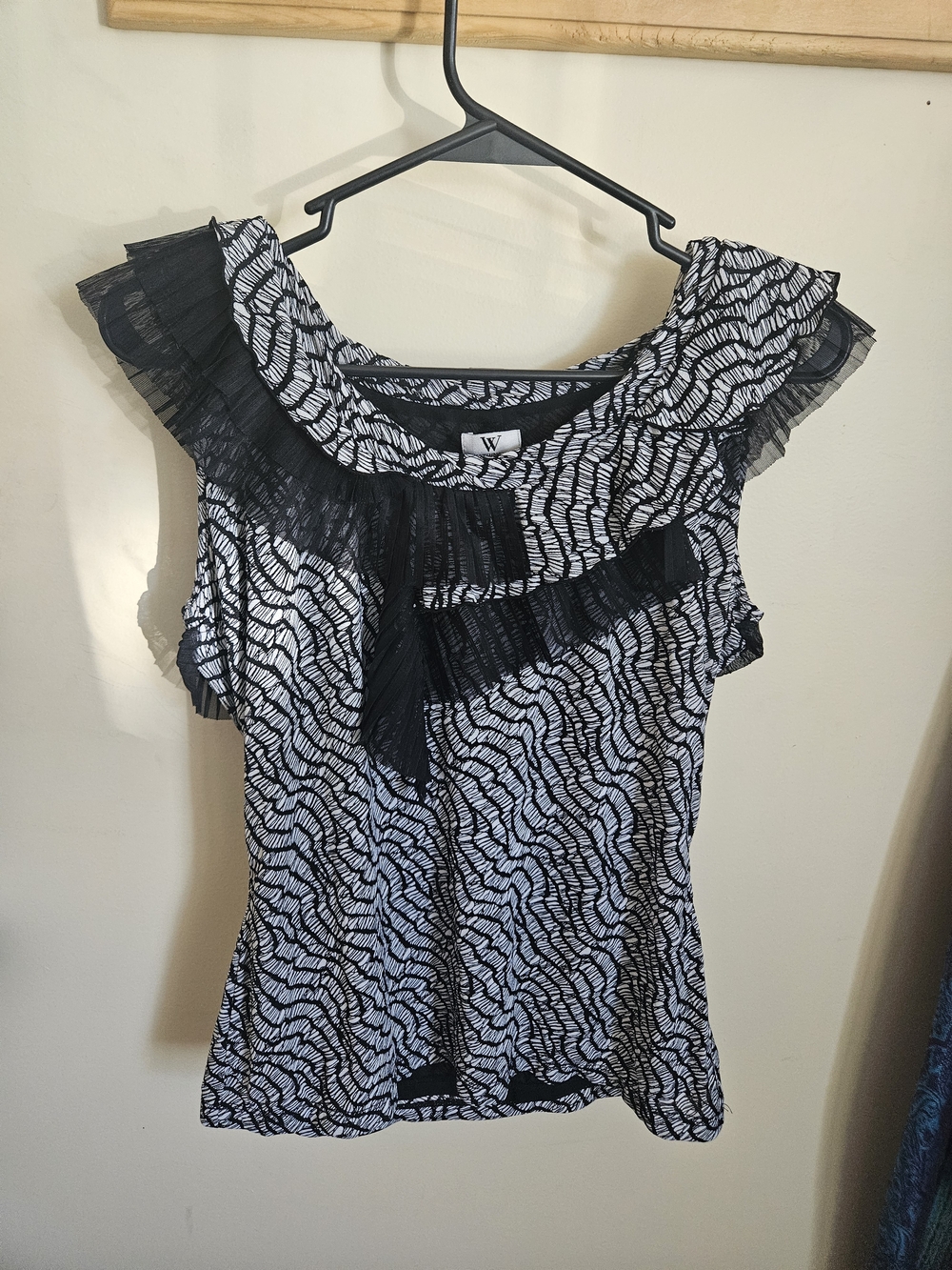 Worthington Black and White Ruffled Sheer-Trim Sleeveless Top